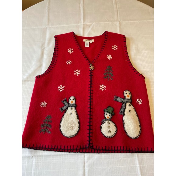 Coldwater Creek Wool Christmas Vest Snowman Tree Holiday‎ Red Womens L - Picture 4 of 7